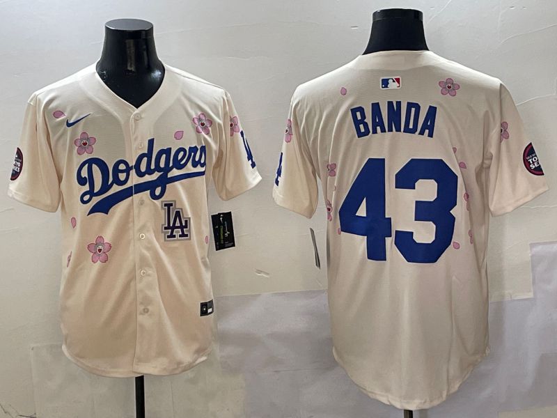 Men Los Angeles Dodgers #43 Banda Cream White Blue Sakura Edition 2025 Nike MLB Jersey style 6
